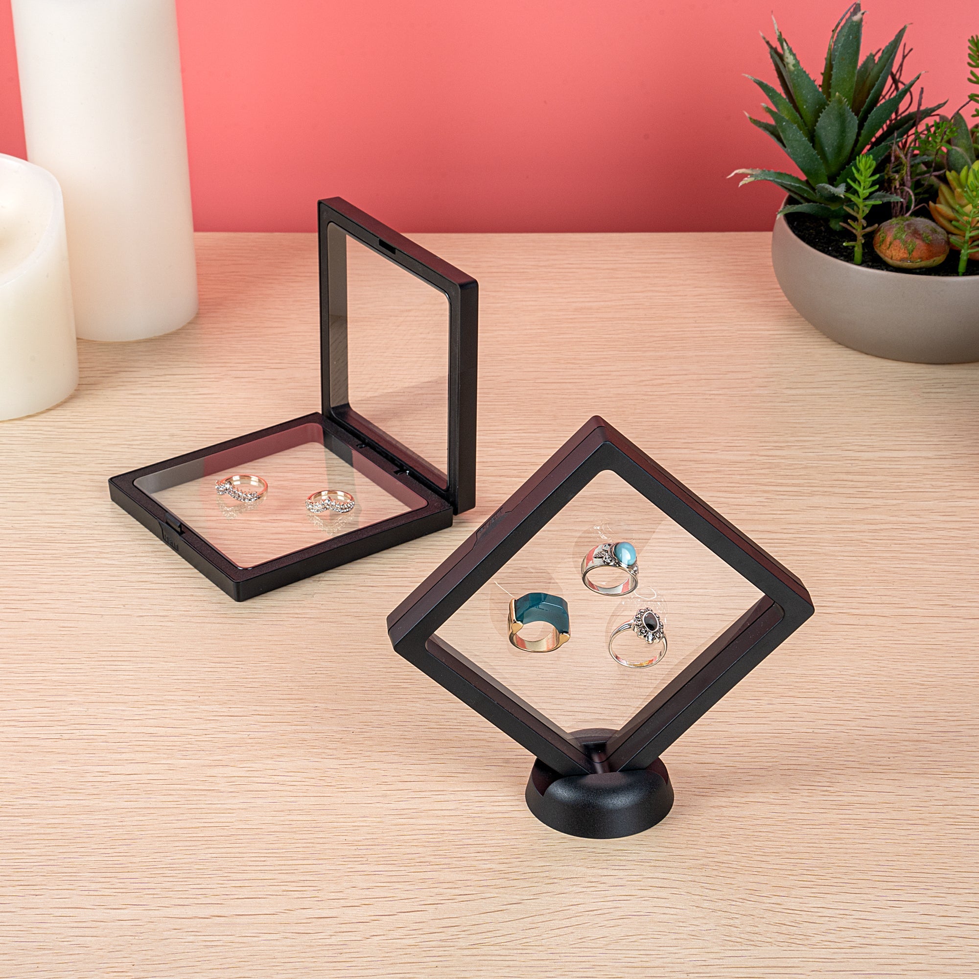 Display Tek Square Black Plastic 3D Floating Display Case - 4 1/4" x 4 1/4" x 3/4" - 10 count box