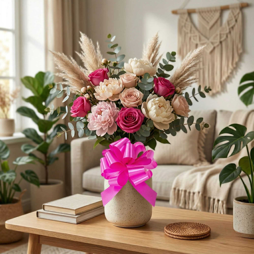 Gift Tek Hot Pink Plastic Flora Satin Pull Bow - 5 1/2" - 1000 count box