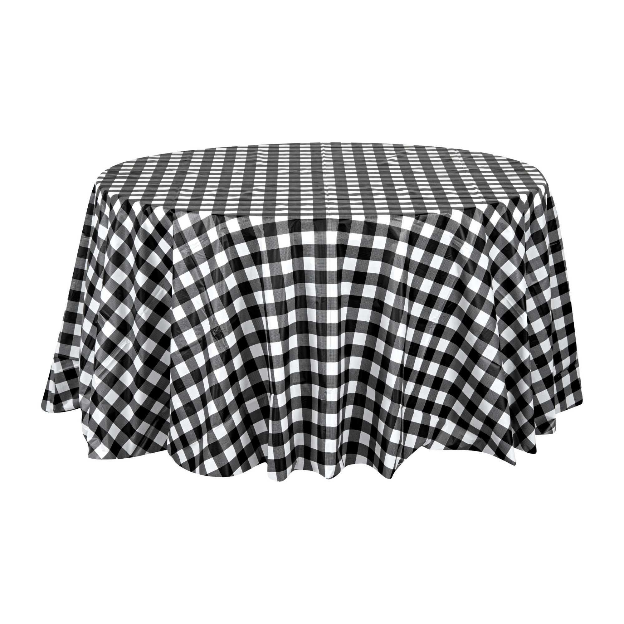 Table Tek Round Black Gingham Plastic Table Cover - 84" - 2 count box