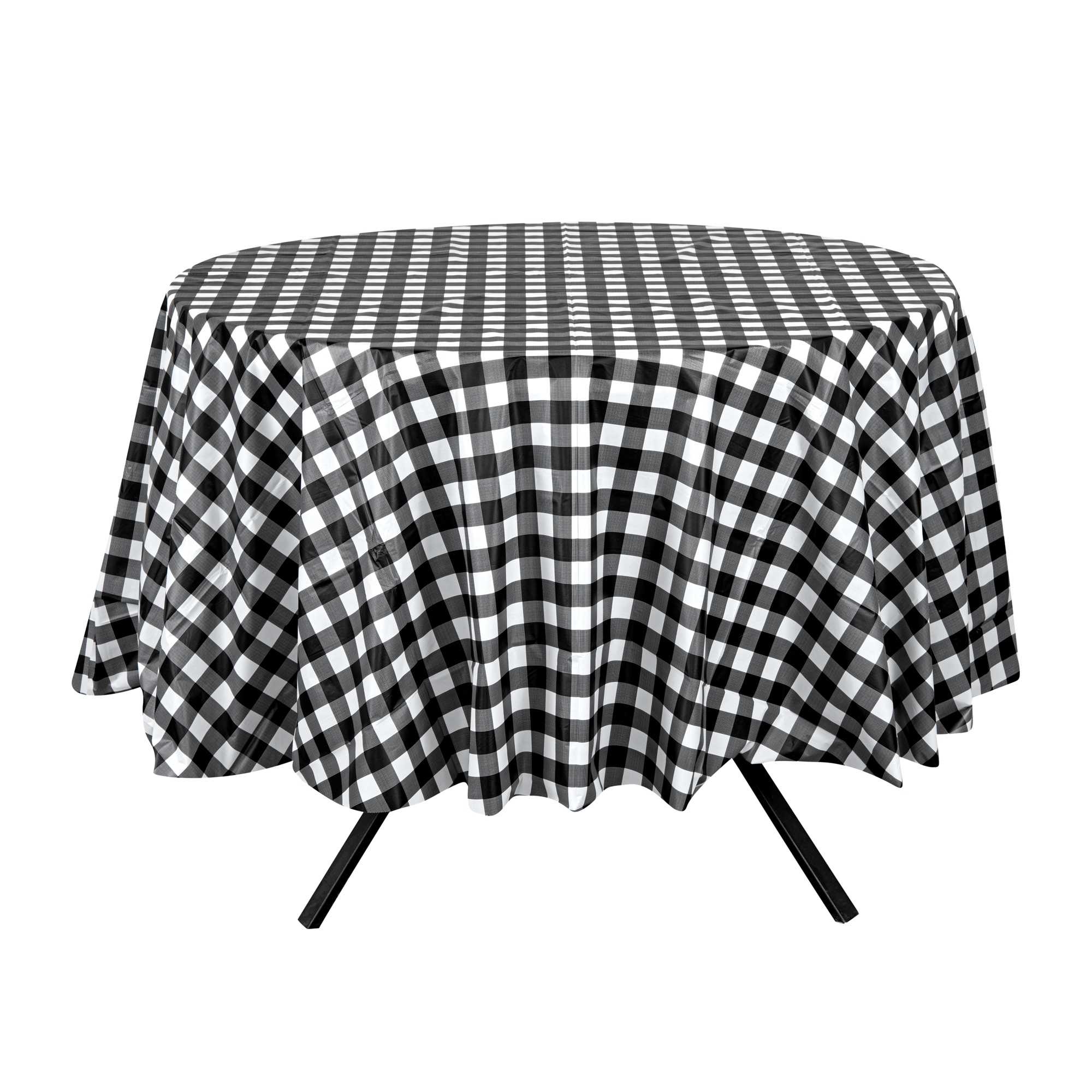 Table Tek Round Black Gingham Plastic Table Cover - 84" - 2 count box