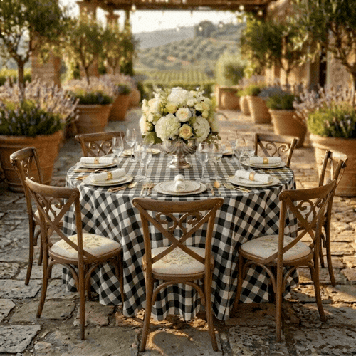 Table Tek Round Black Gingham Plastic Table Cover - 84" - 2 count box