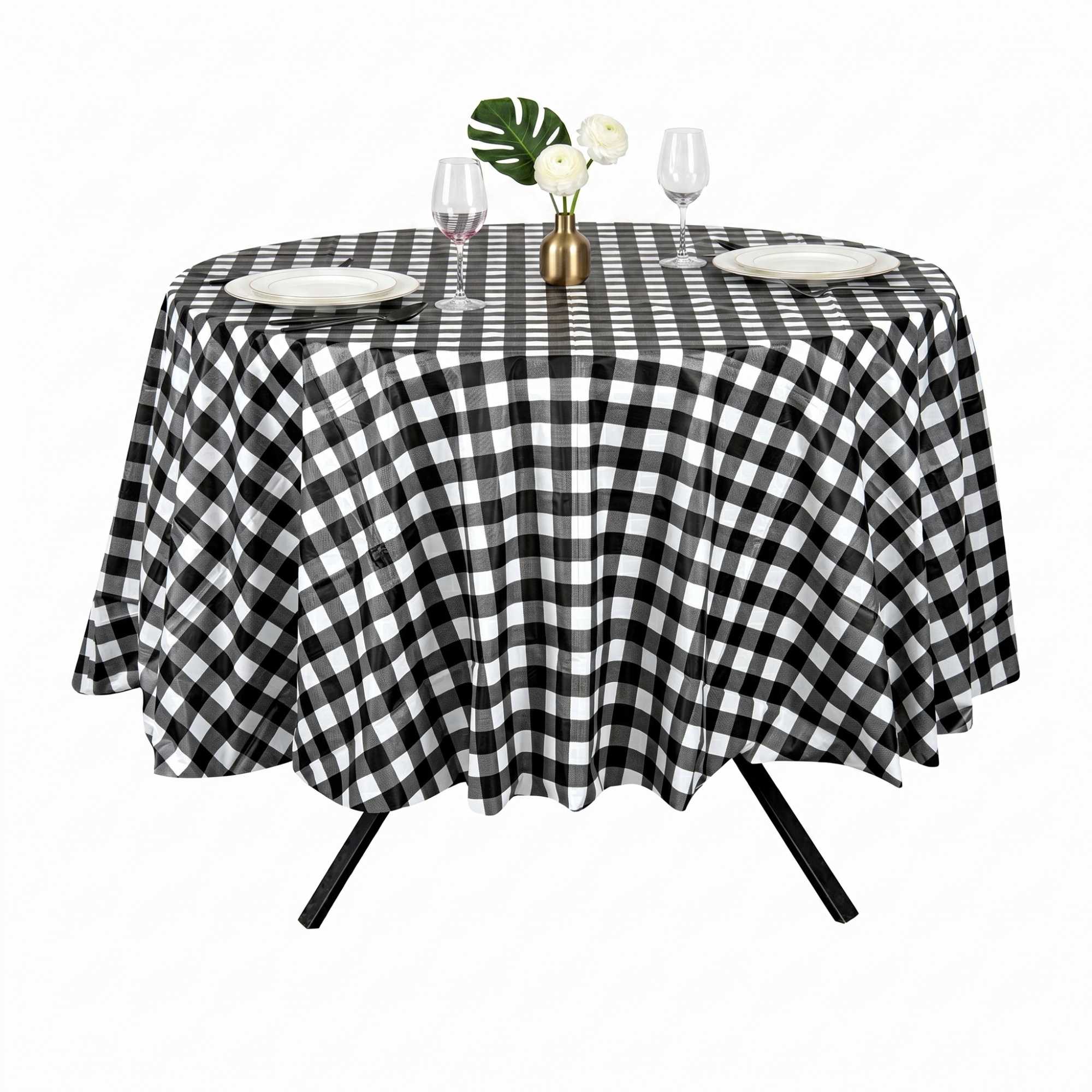 Table Tek Round Black Gingham Plastic Table Cover - 84" - 20 count box