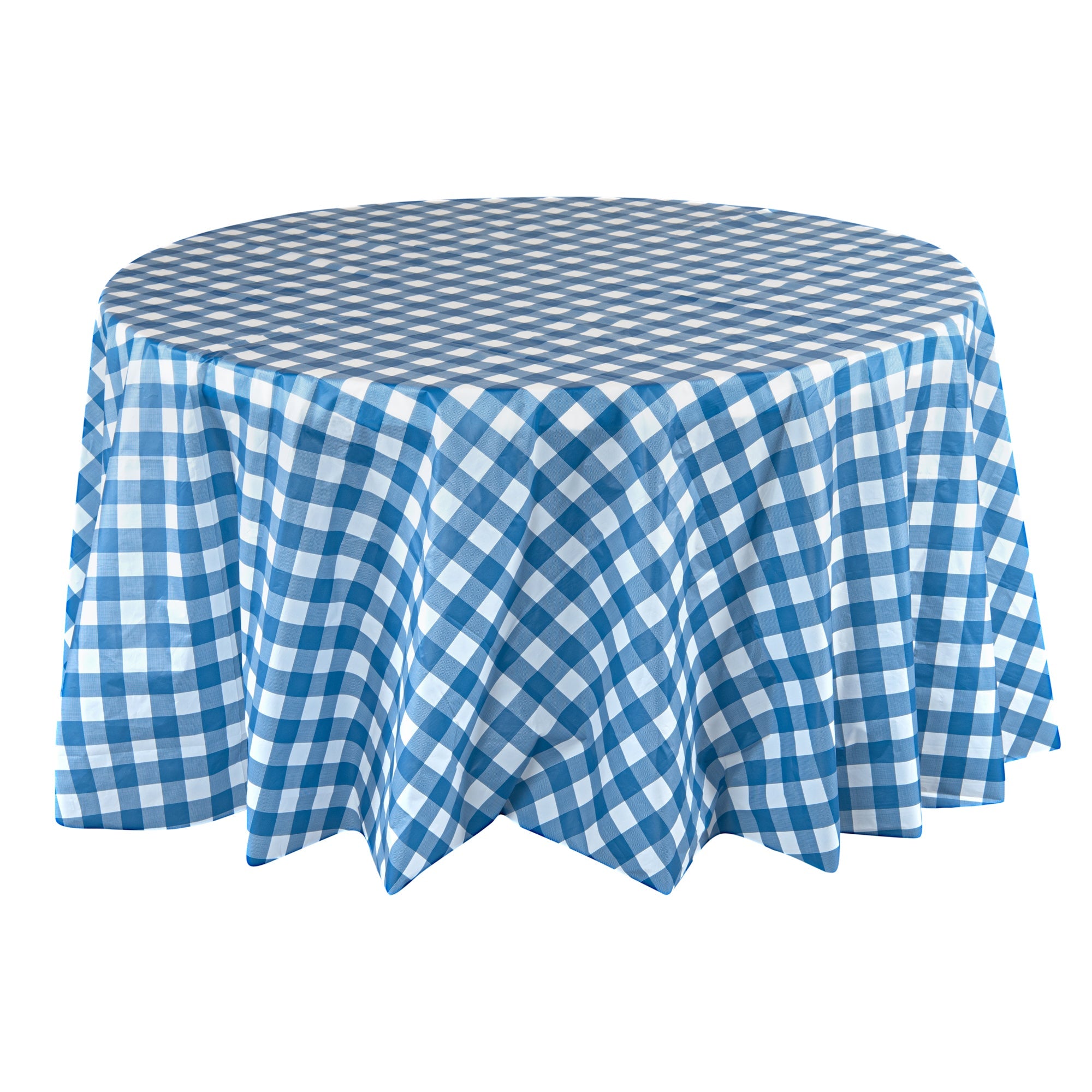 Table Tek Round Blue Gingham Plastic Table Cover - 84" - 2 count box