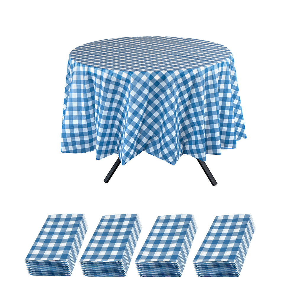 Table Tek Round Blue Gingham Plastic Table Cover - 84" - 2 count box