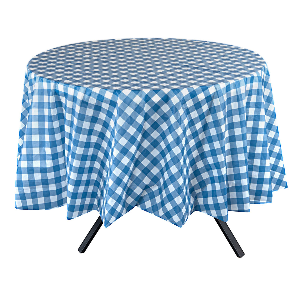 Table Tek Round Blue Gingham Plastic Table Cover - 84" - 2 count box
