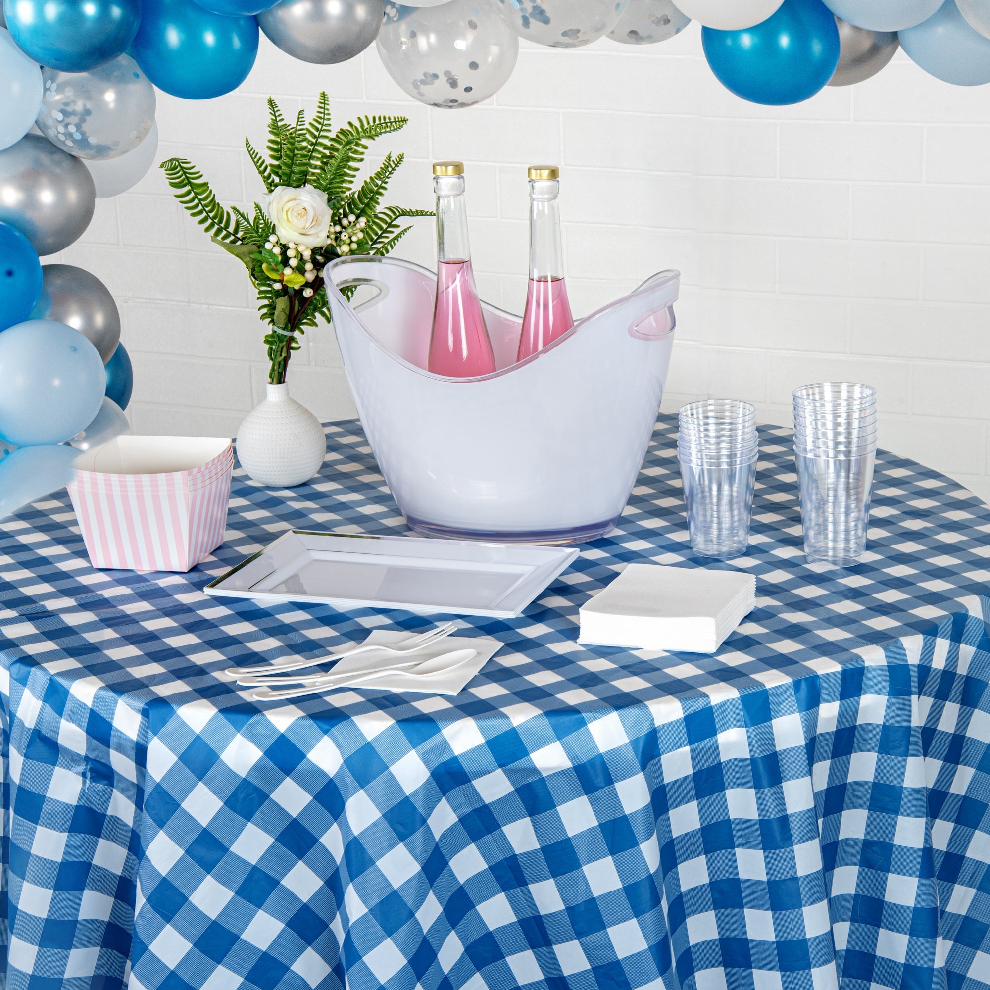 Table Tek Round Blue Gingham Plastic Table Cover - 84" - 2 count box