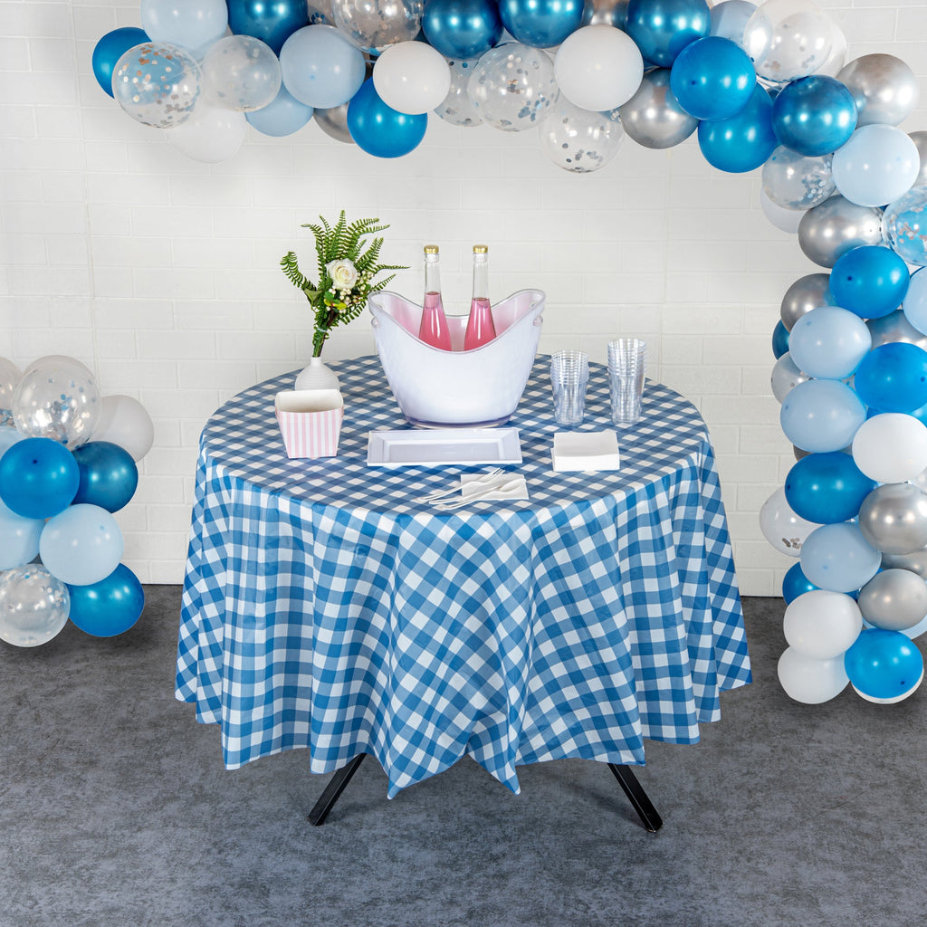 Table Tek Round Blue Gingham Plastic Table Cover - 84" - 20 count box