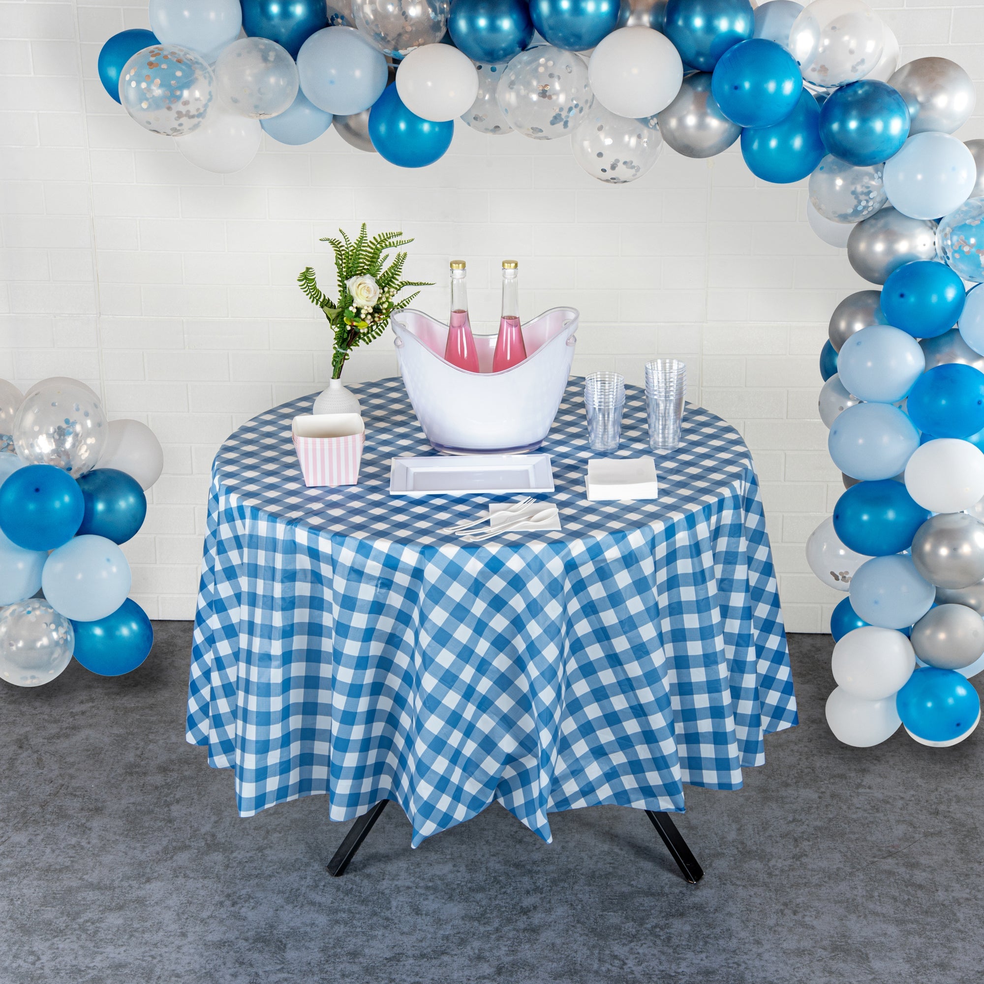 Table Tek Round Blue Gingham Plastic Table Cover - 84" - 20 count box