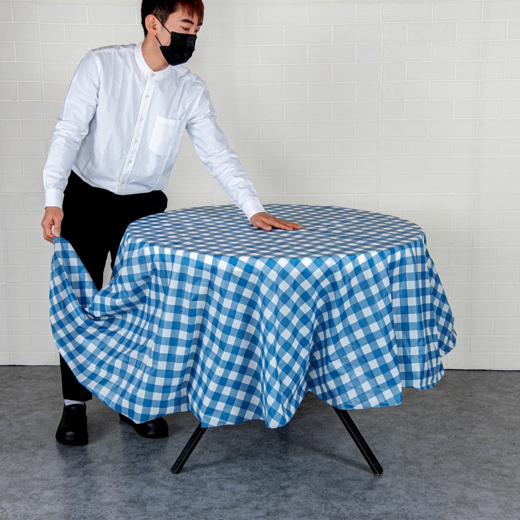 Table Tek Round Blue Gingham Plastic Table Cover - 84" - 20 count box