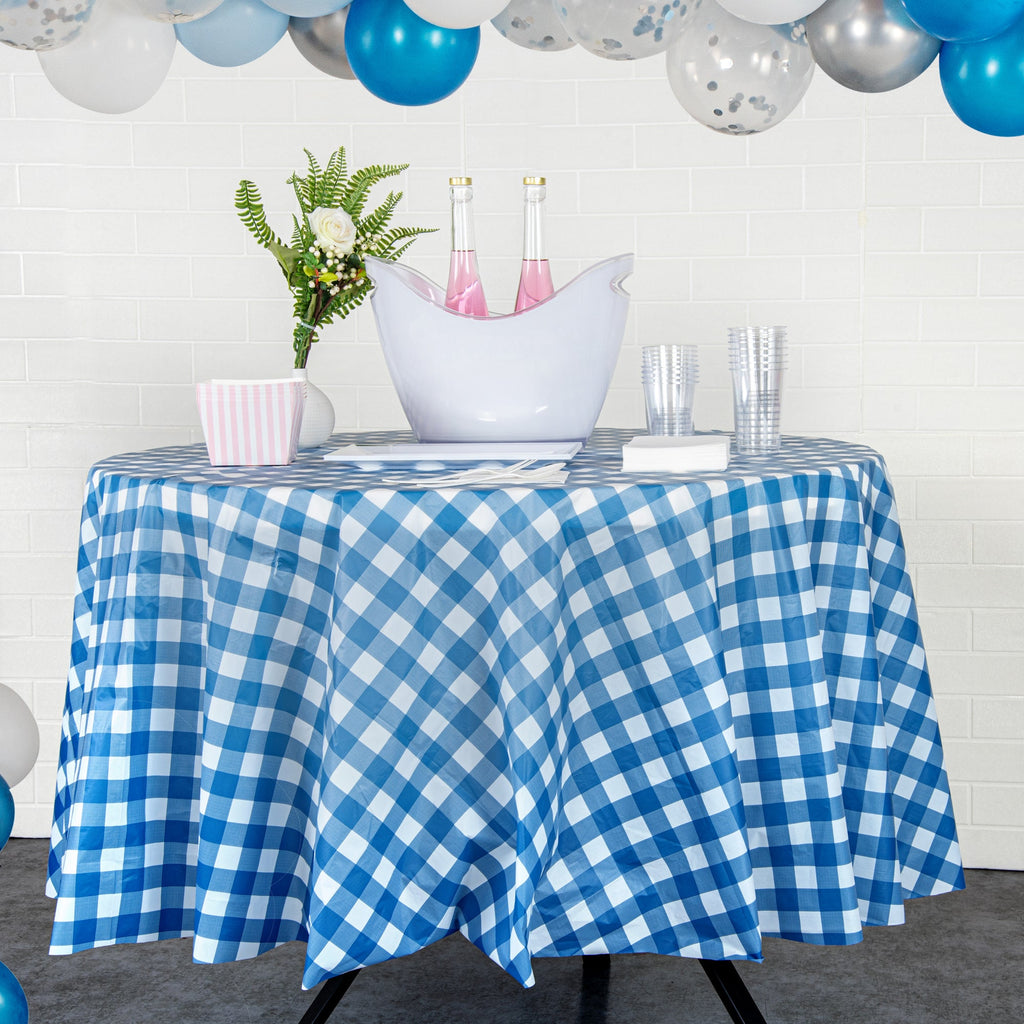 Table Tek Round Blue Gingham Plastic Table Cover - 84" - 20 count box