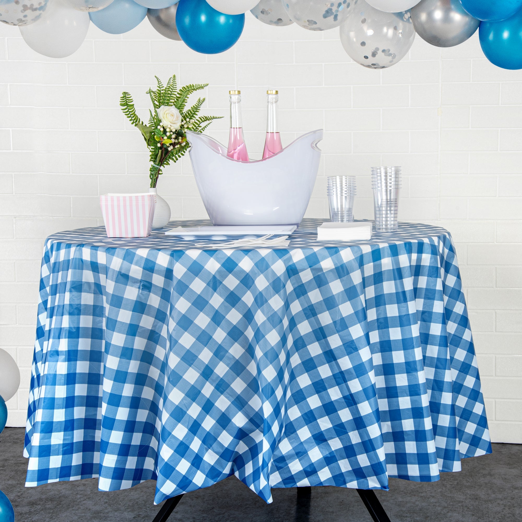 Table Tek Round Blue Gingham Plastic Table Cover - 84" - 20 count box
