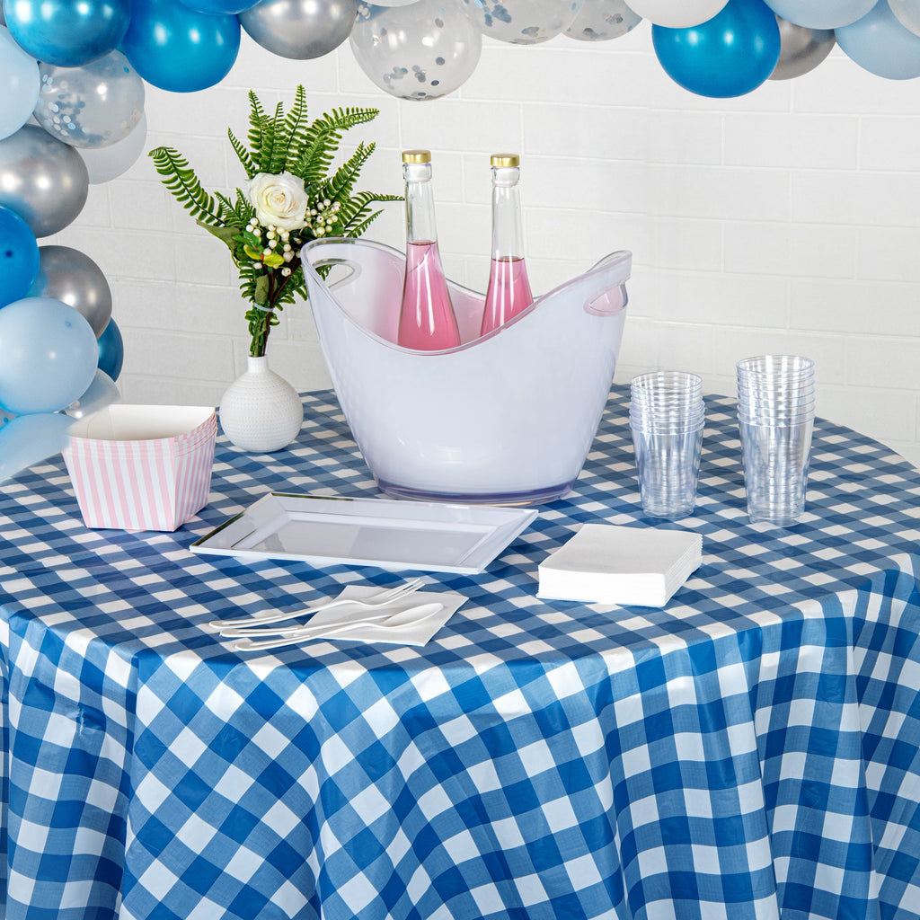 Table Tek Round Blue Gingham Plastic Table Cover - 84" - 20 count box