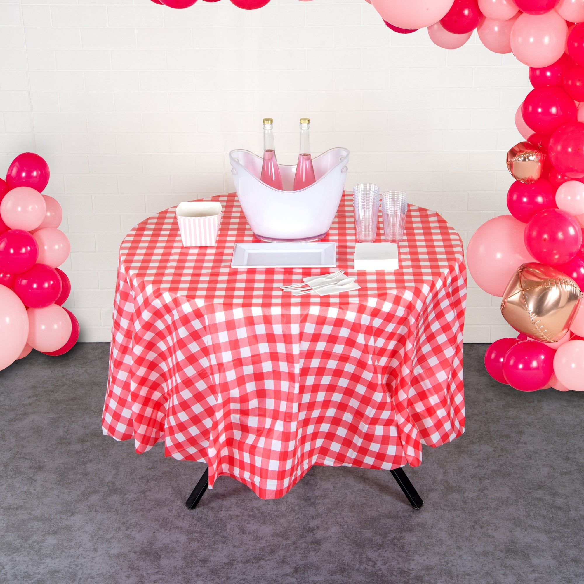 Table Tek Round Red Gingham Plastic Table Cover - 84" - 2 count box