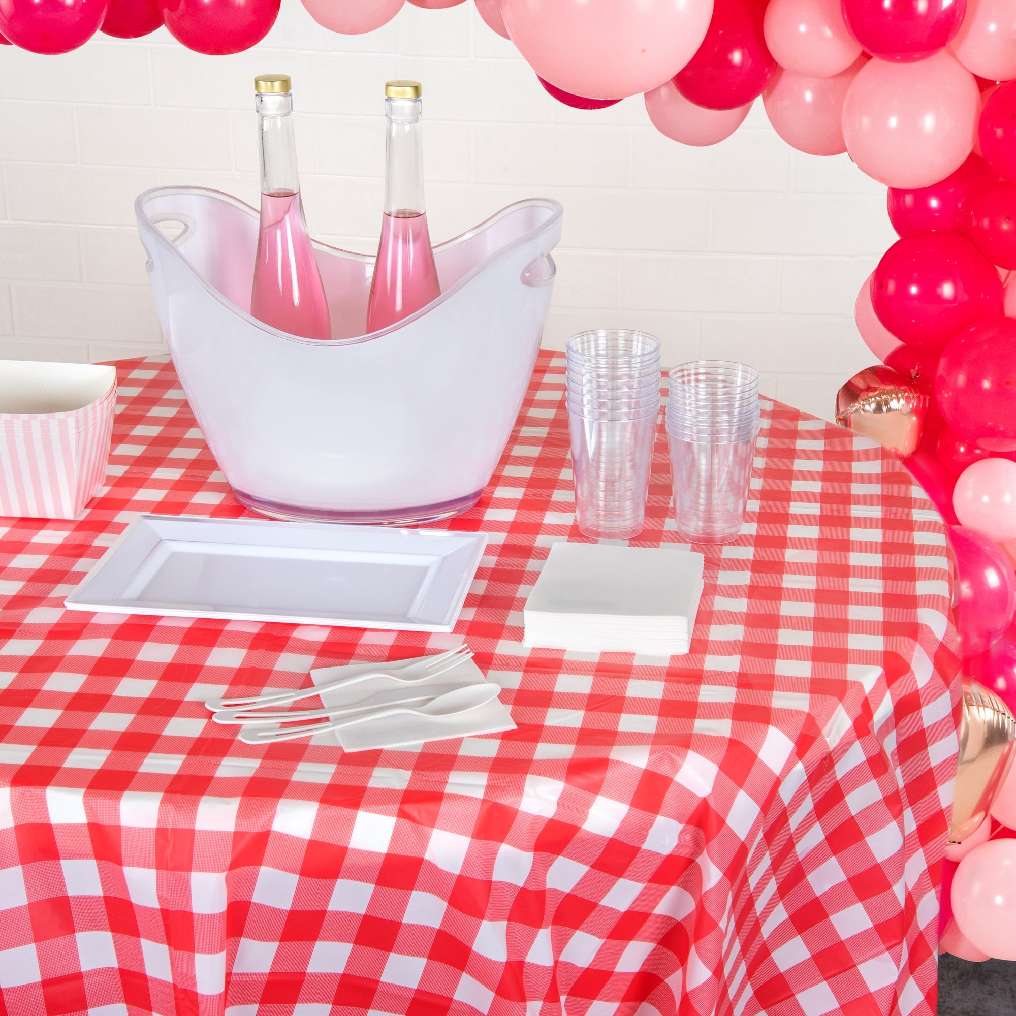 Table Tek Round Red Gingham Plastic Table Cover - 84" - 2 count box