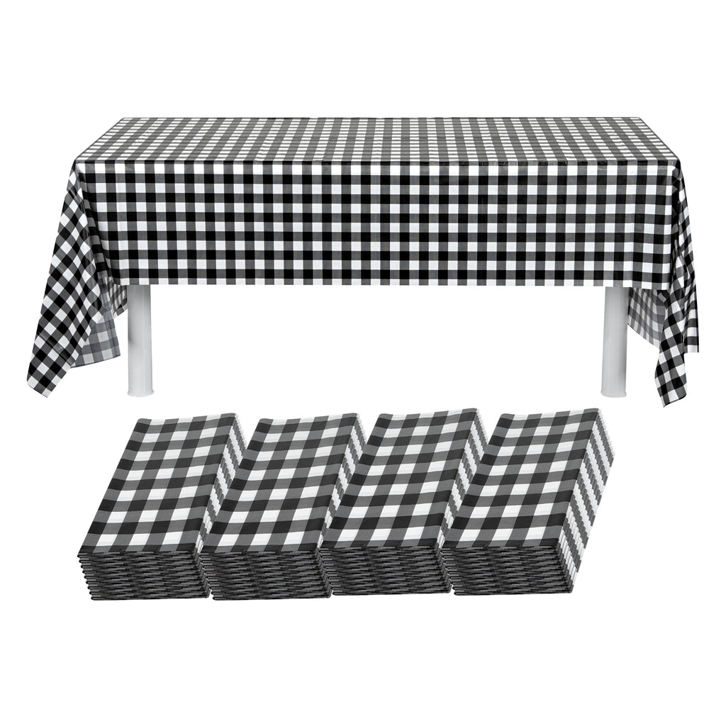 Table Tek Rectangle Black Gingham Plastic Table Cover - 108" x 54" - 2 count box