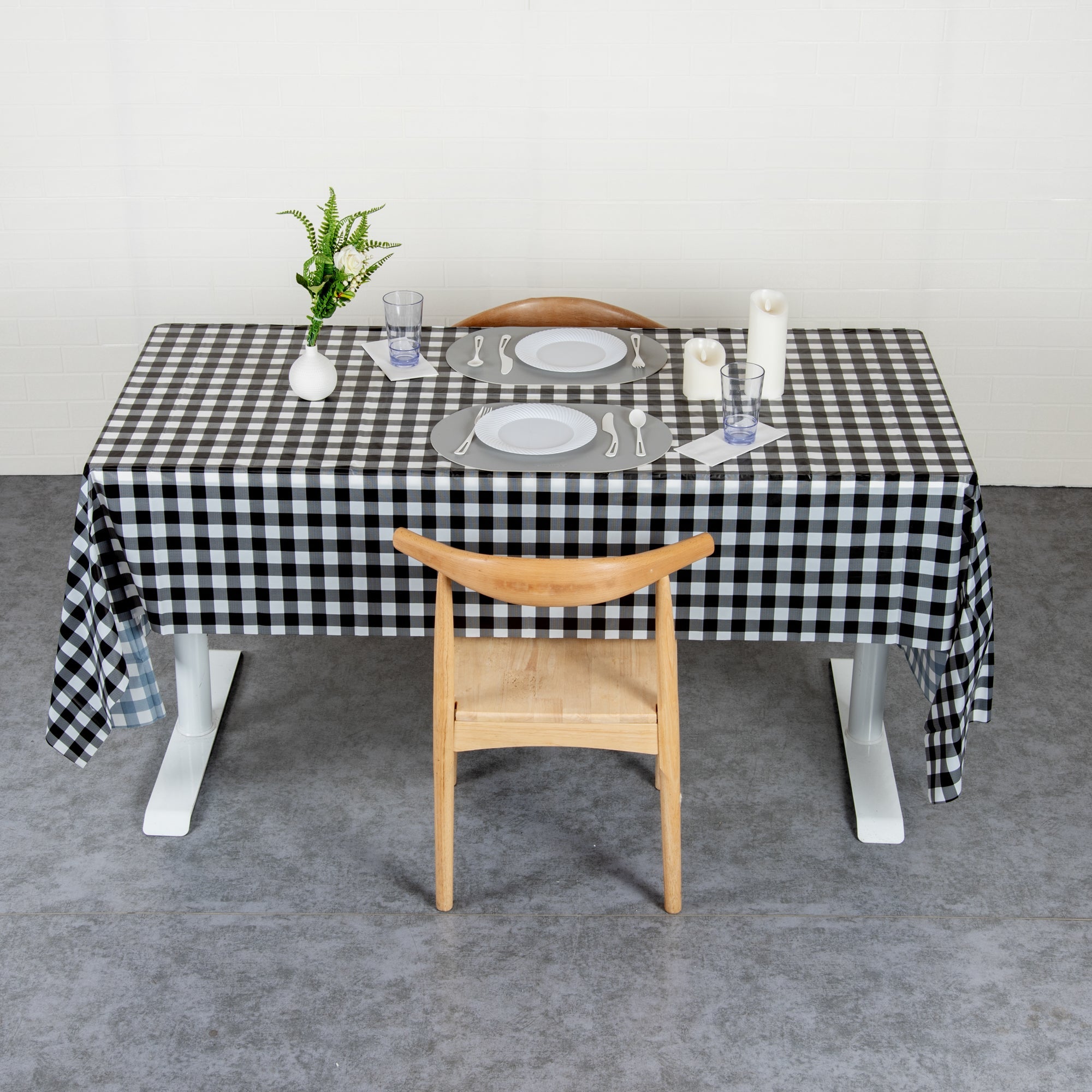 Table Tek Rectangle Black Gingham Plastic Table Cover - 108" x 54" - 2 count box
