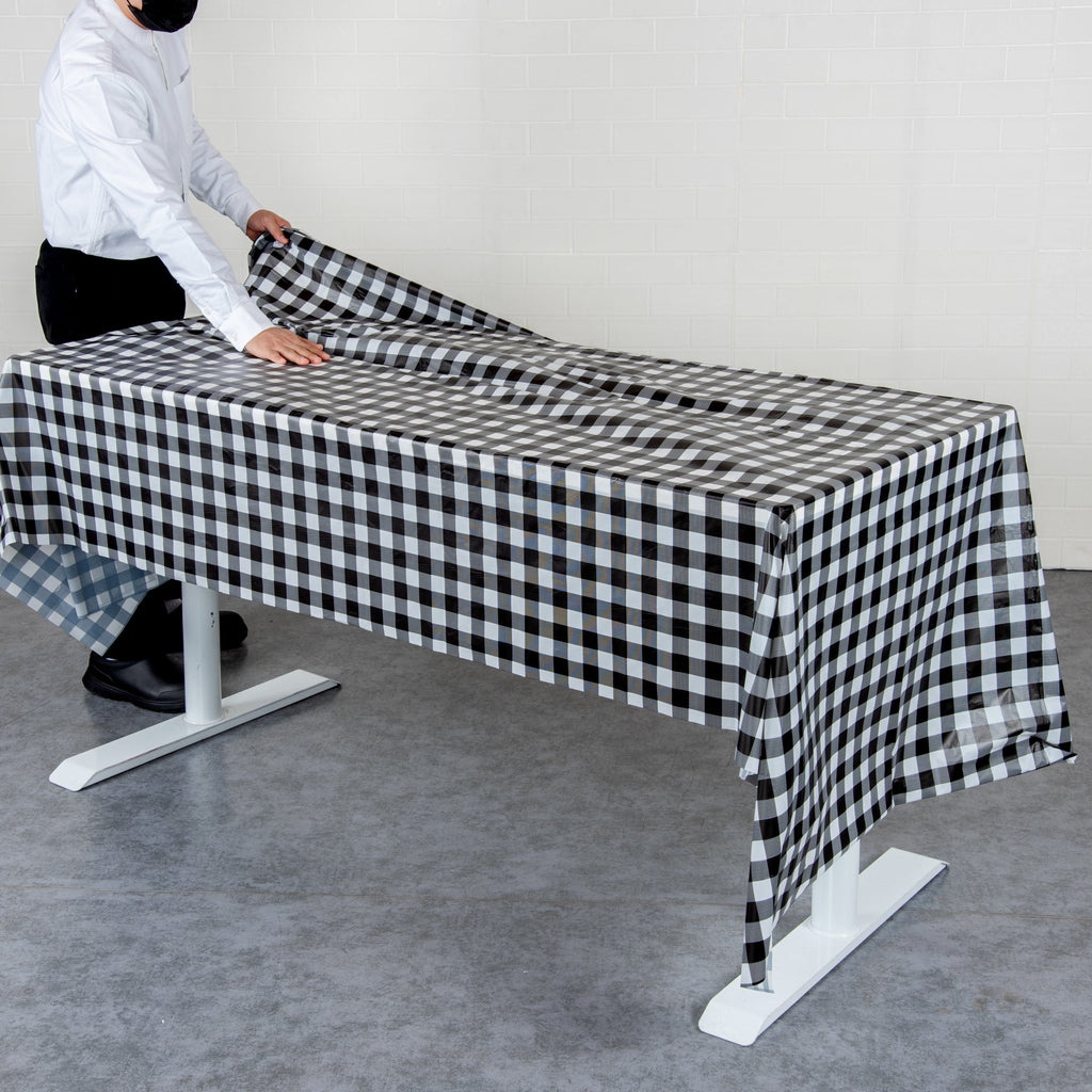 Table Tek Rectangle Black Gingham Plastic Table Cover - 108" x 54" - 2 count box