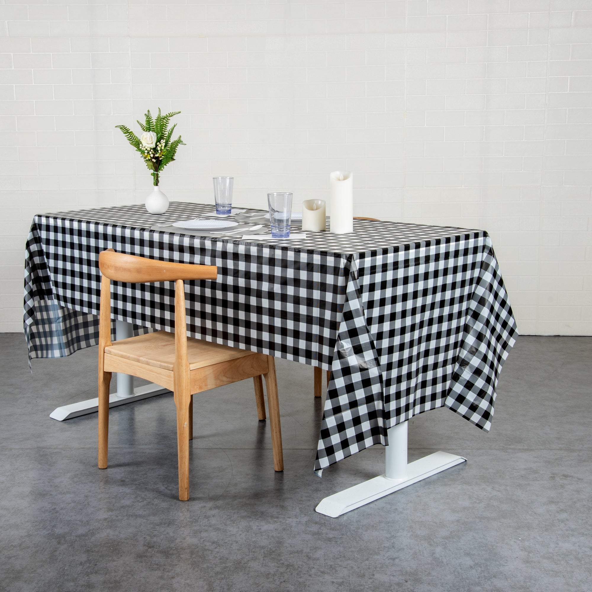 Table Tek Rectangle Black Gingham Plastic Table Cover - 108" x 54" - 2 count box