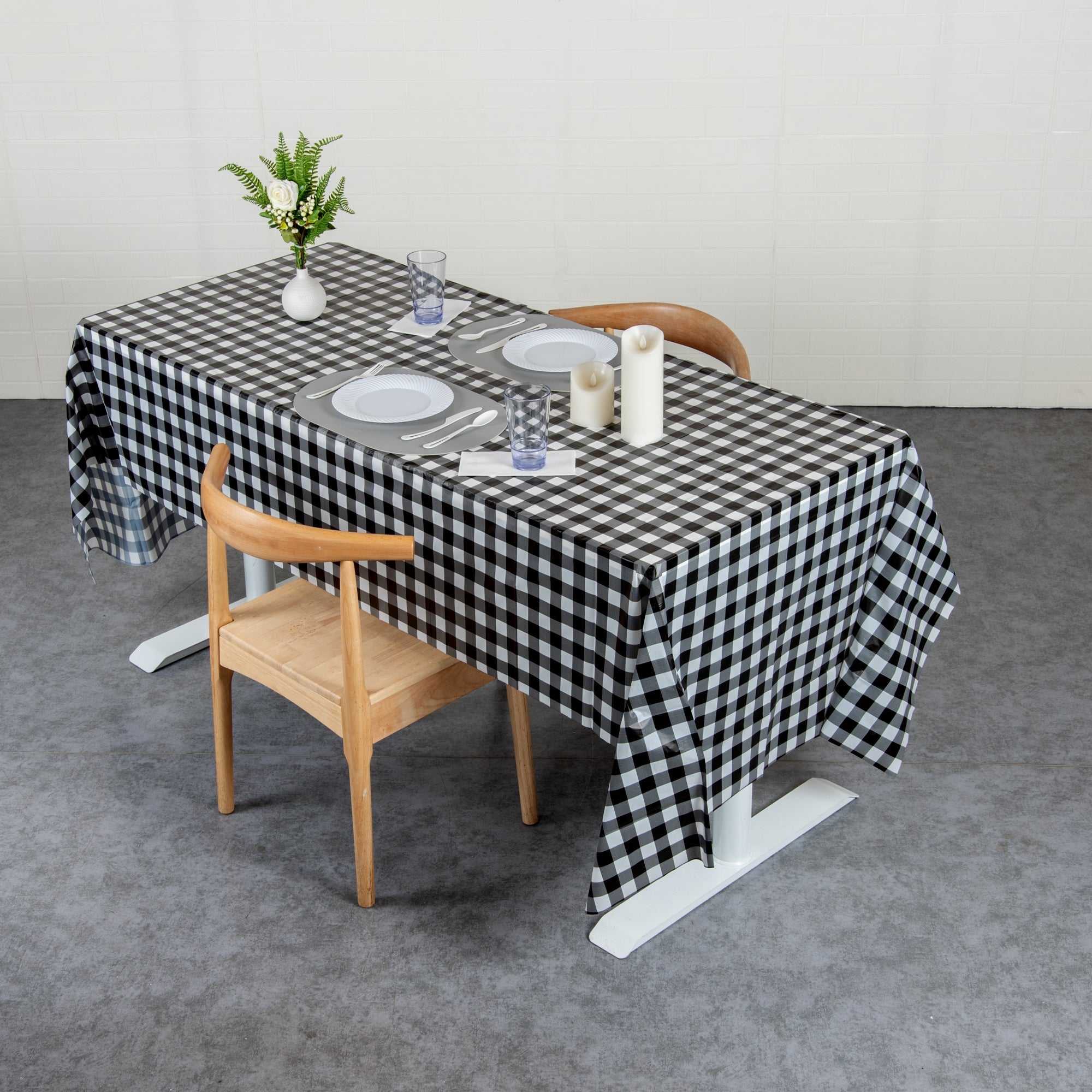 Table Tek Rectangle Black Gingham Plastic Table Cover - 108" x 54" - 2 count box
