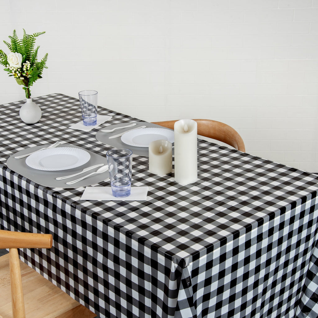 Table Tek Rectangle Black Gingham Plastic Table Cover - 108" x 54" - 2 count box