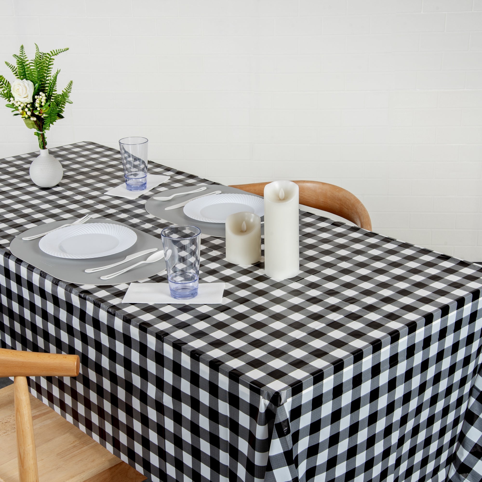 Table Tek Rectangle Gingham Black Plastic Table Cover - 108" x 54" - 20 count box