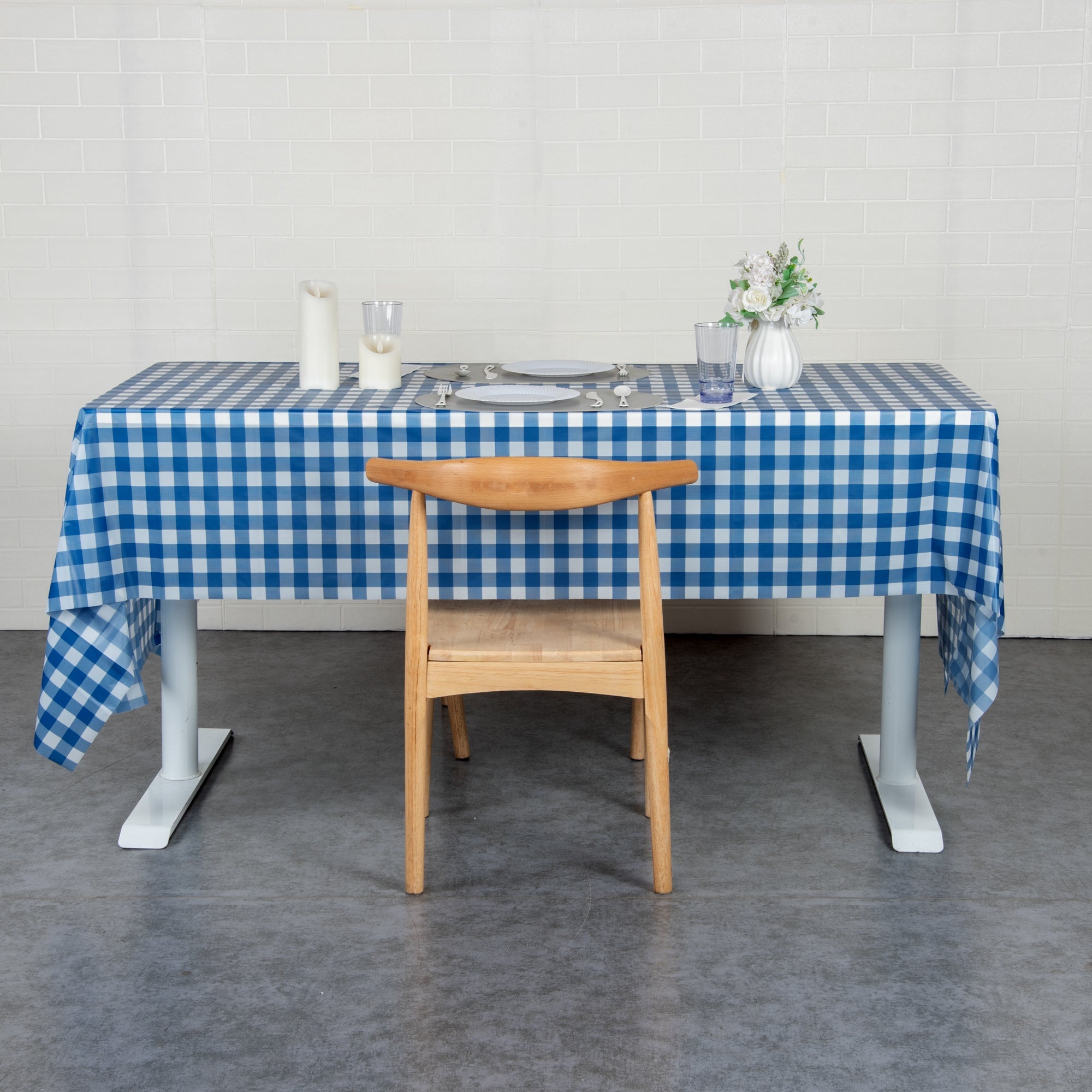Table Tek Rectangle Blue Gingham Plastic Table Cover - 108" x 54" - 2 count box