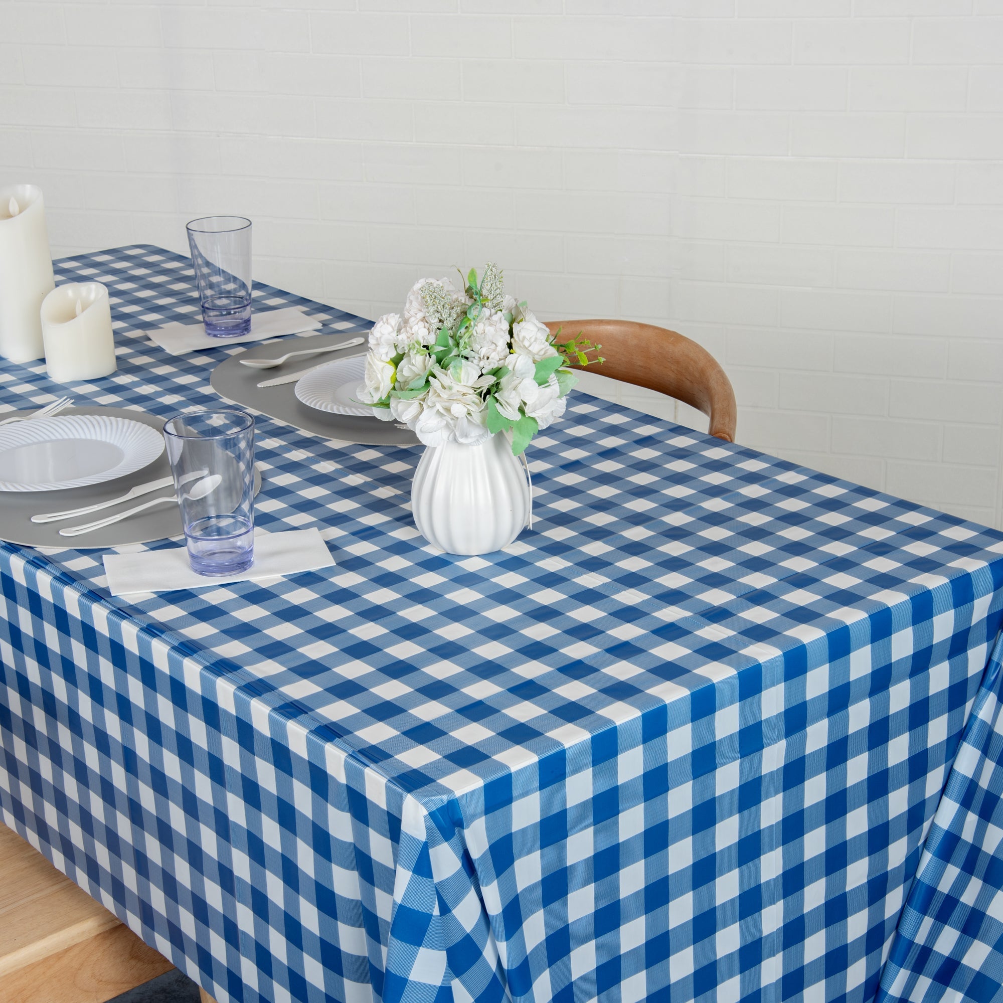 Table Tek Rectangle Blue Gingham Plastic Table Cover - 108" x 54" - 2 count box