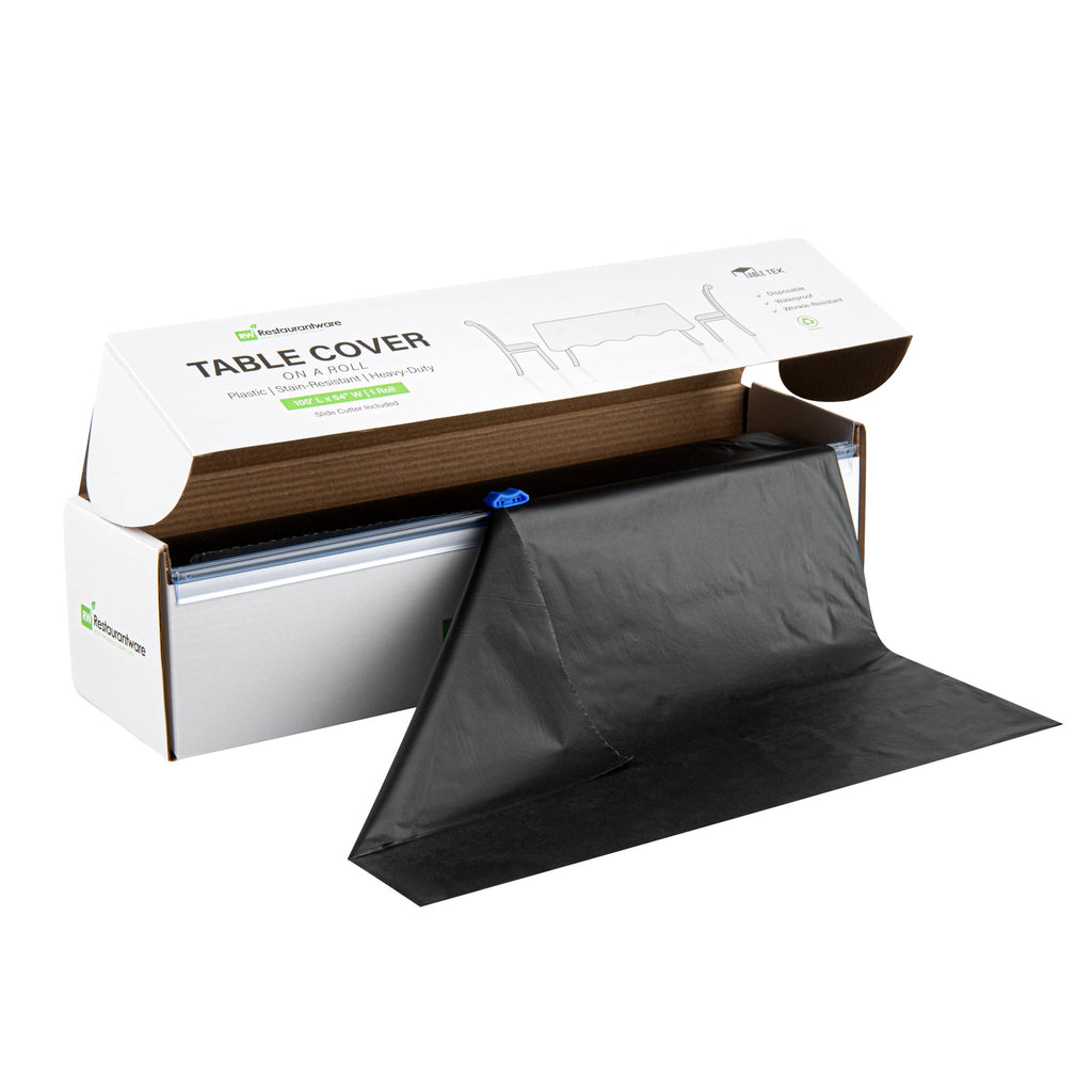 Table Tek Black Plastic Table Cover Roll - with Slide Cutter - 100' x 54" - 1 count box