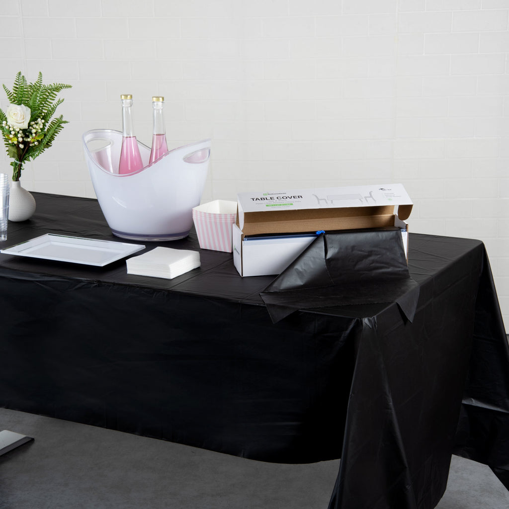 Table Tek Black Plastic Table Cover Roll - with Slide Cutter - 100' x 54" - 10 count box
