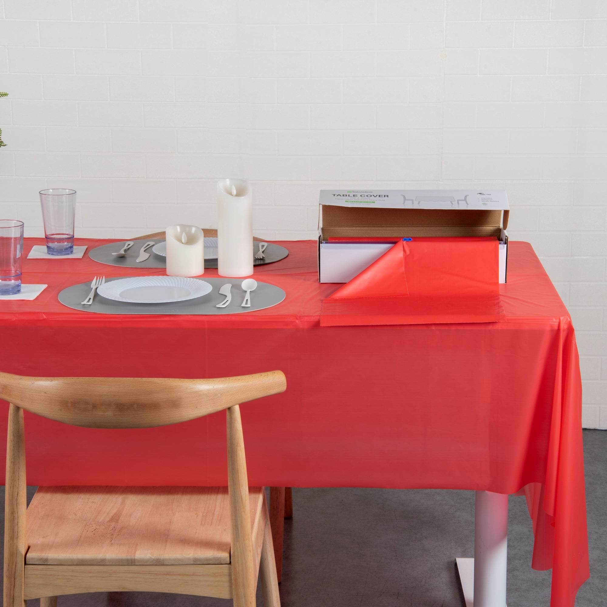 Table Tek Red Plastic Table Cover Roll - with Slide Cutter - 100' x 54" - 10 count box