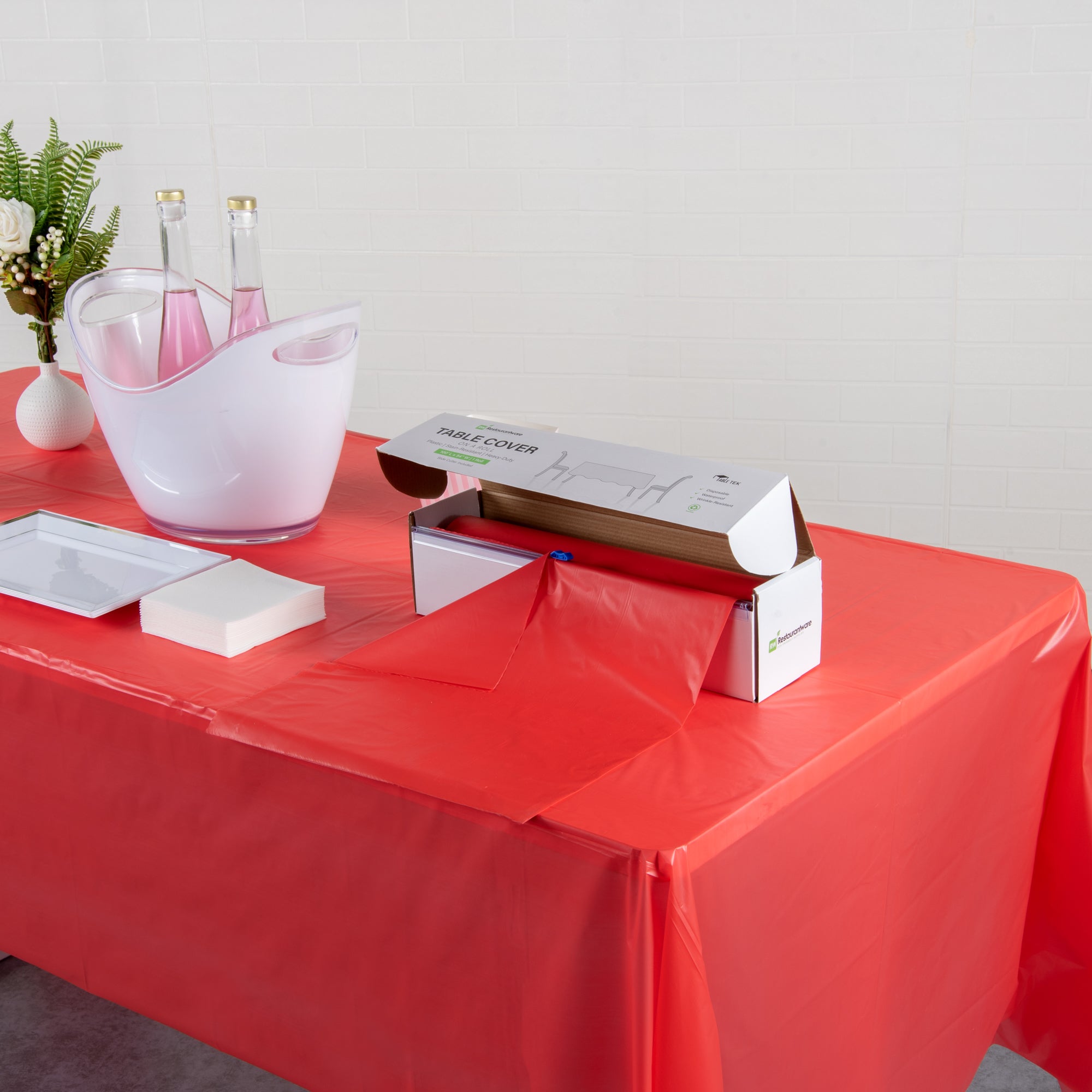 Table Tek Red Plastic Table Cover Roll - with Slide Cutter - 100' x 54" - 10 count box