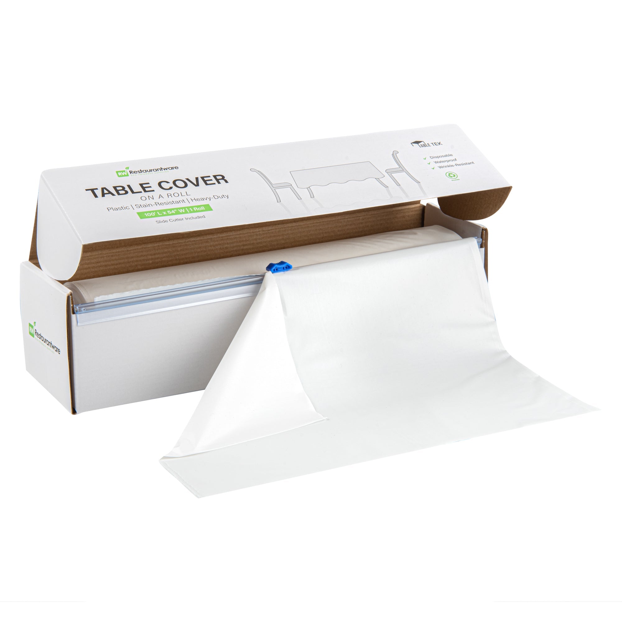 Table Tek White Plastic Table Cover Roll - with Slide Cutter - 100' x 54" - 1 count box