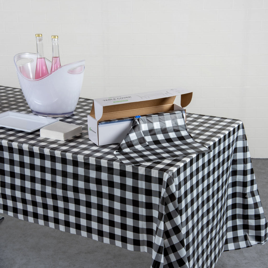 Table Tek Black Gingham Plastic Table Cover Roll - with Slide Cutter - 100' x 54" - 1 count box