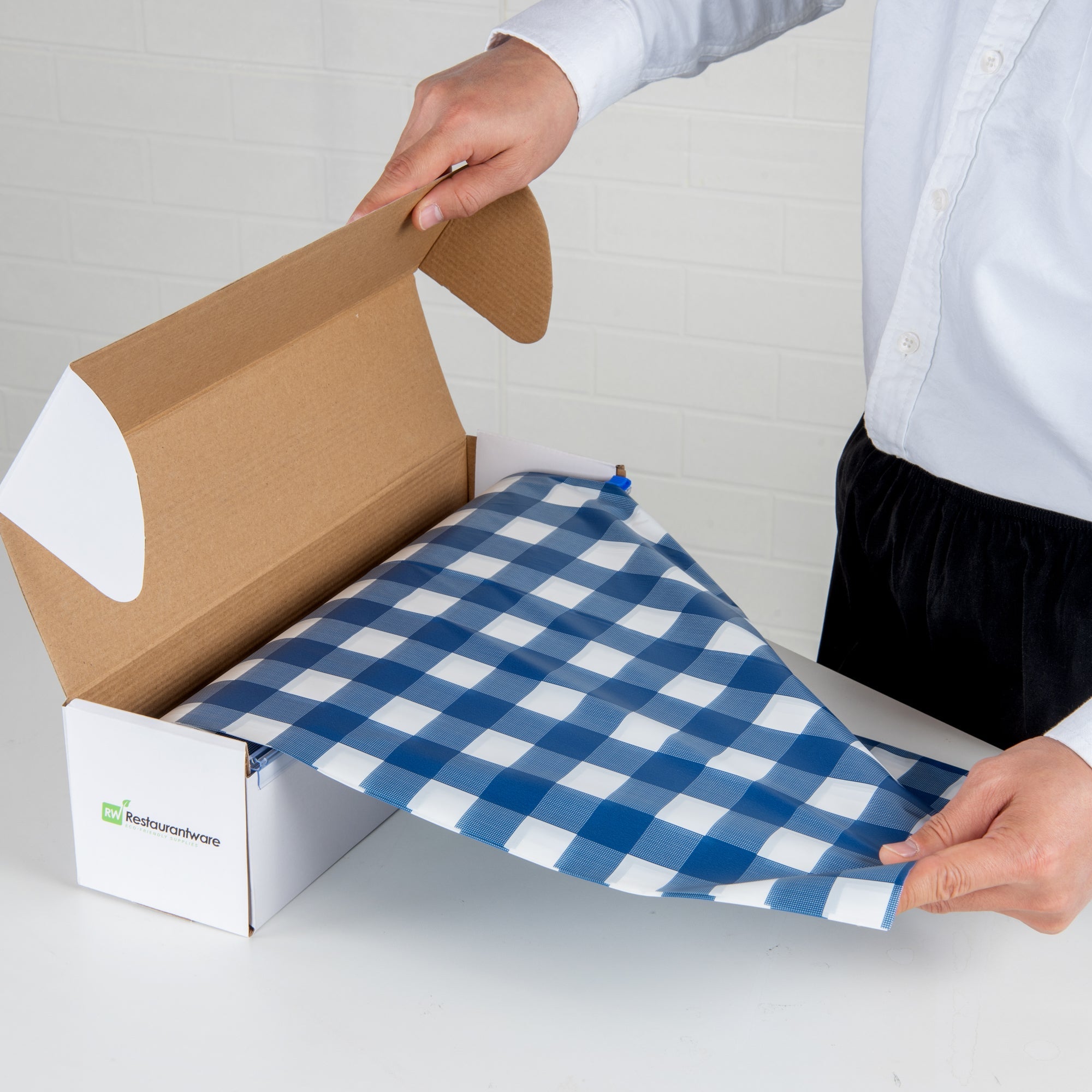 Table Tek Blue Gingham Plastic Table Cover Roll - with Slide Cutter - 100' x 54" - 1 count box