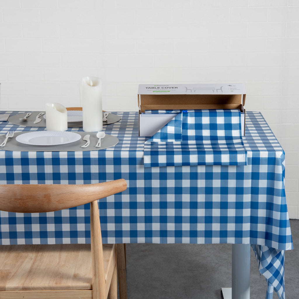 Table Tek Blue Gingham Plastic Table Cover Roll - with Slide Cutter - 100' x 54" - 1 count box