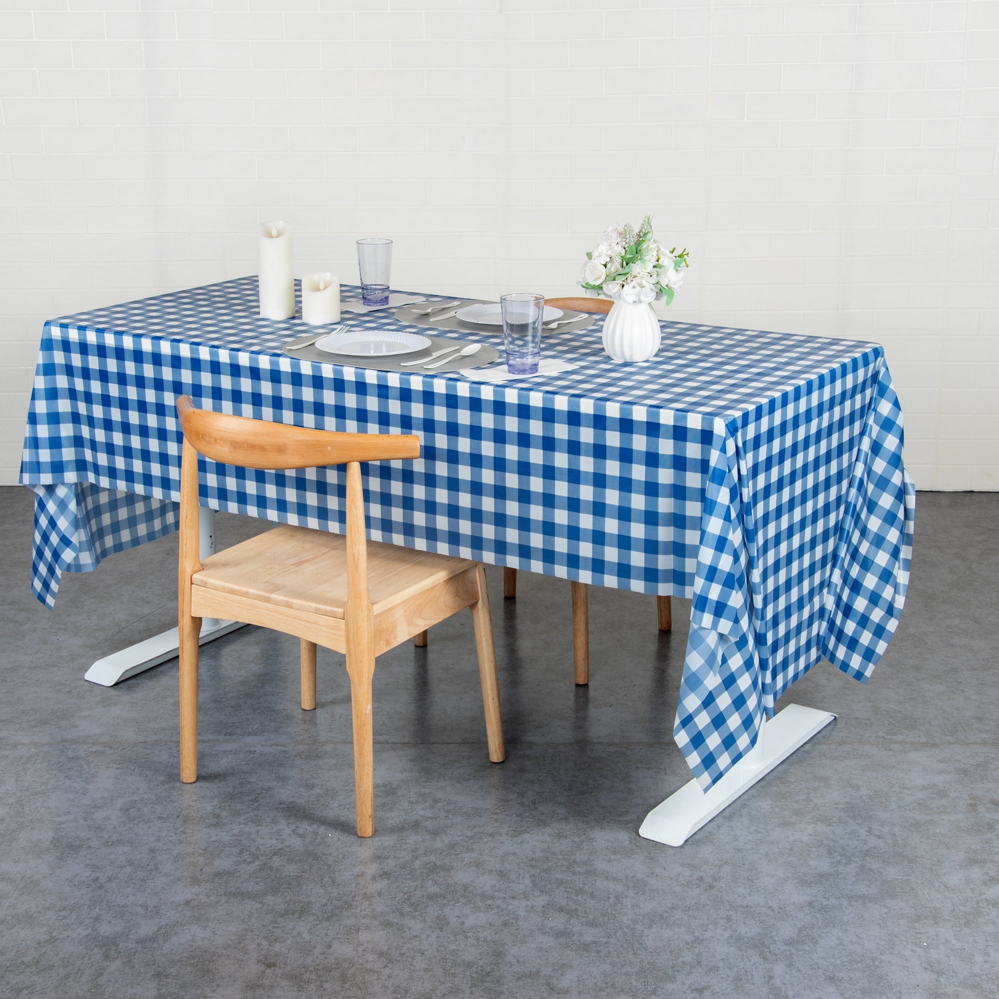 Table Tek Blue Gingham Plastic Table Cover Roll - with Slide Cutter - 100' x 54" - 10 count box