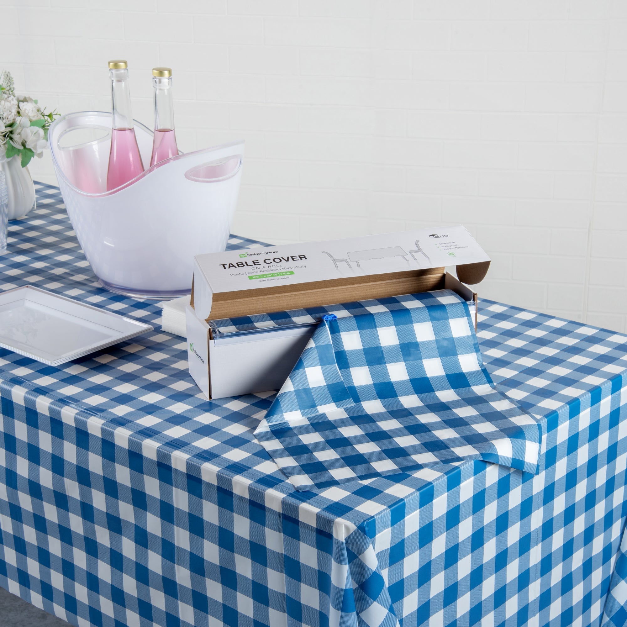 Table Tek Blue Gingham Plastic Table Cover Roll - with Slide Cutter - 100' x 54" - 10 count box