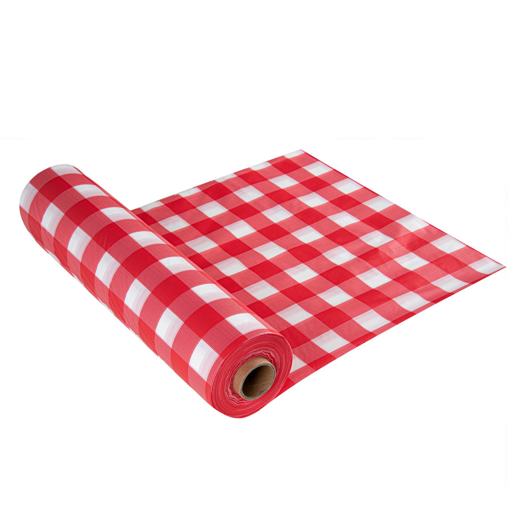 Table Tek Red Gingham Plastic Table Cover Roll - with Slide Cutter - 100' x 54" - 1 count box