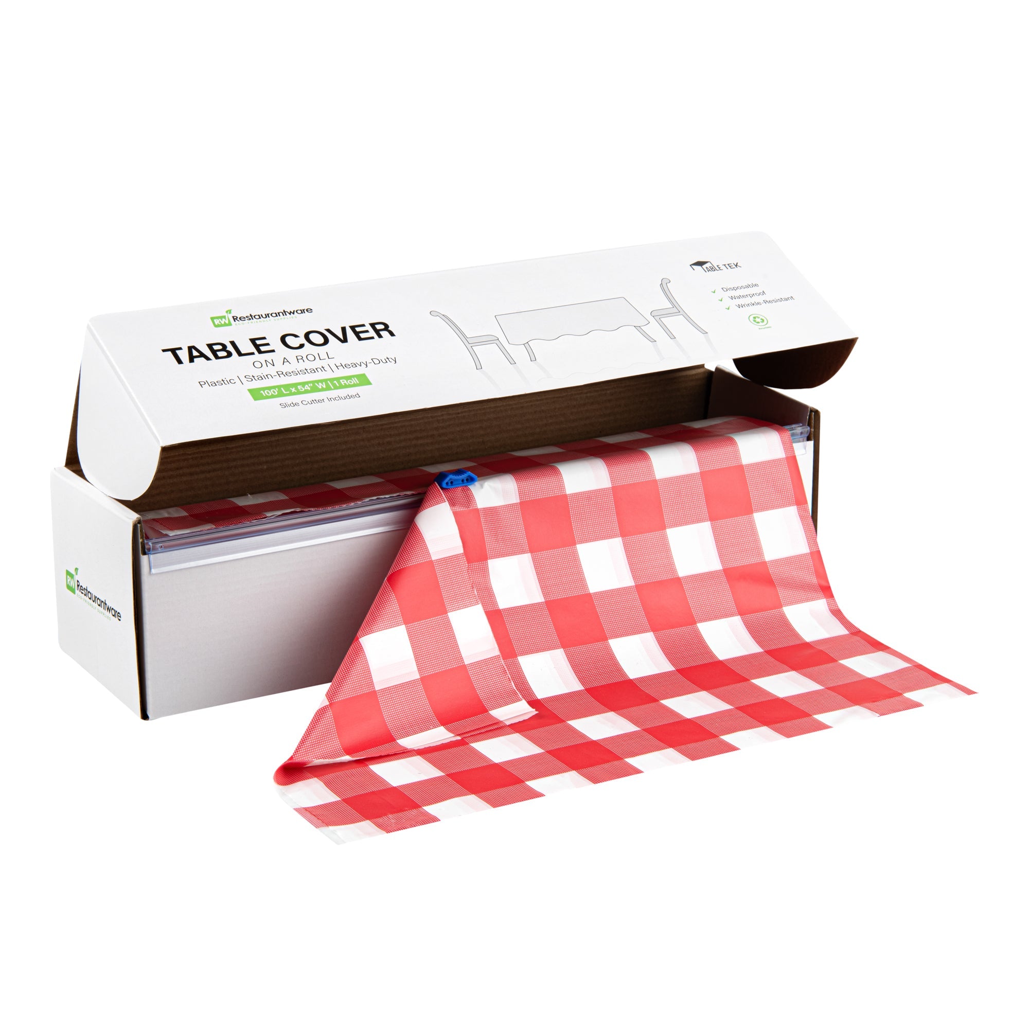 Table Tek Red Gingham Plastic Table Cover Roll - with Slide Cutter - 100' x 54" - 1 count box