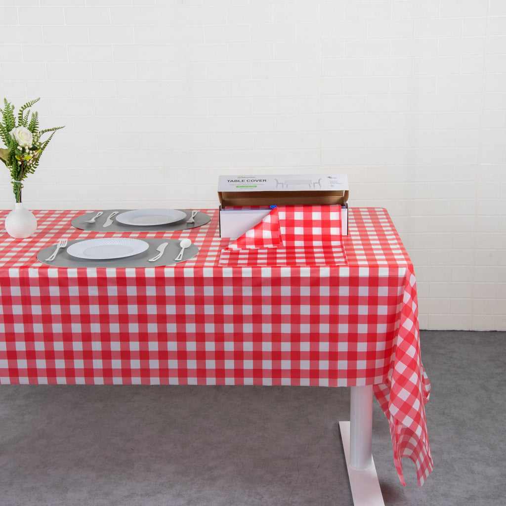 Table Tek Red Gingham Plastic Table Cover Roll - with Slide Cutter - 100' x 54" - 1 count box