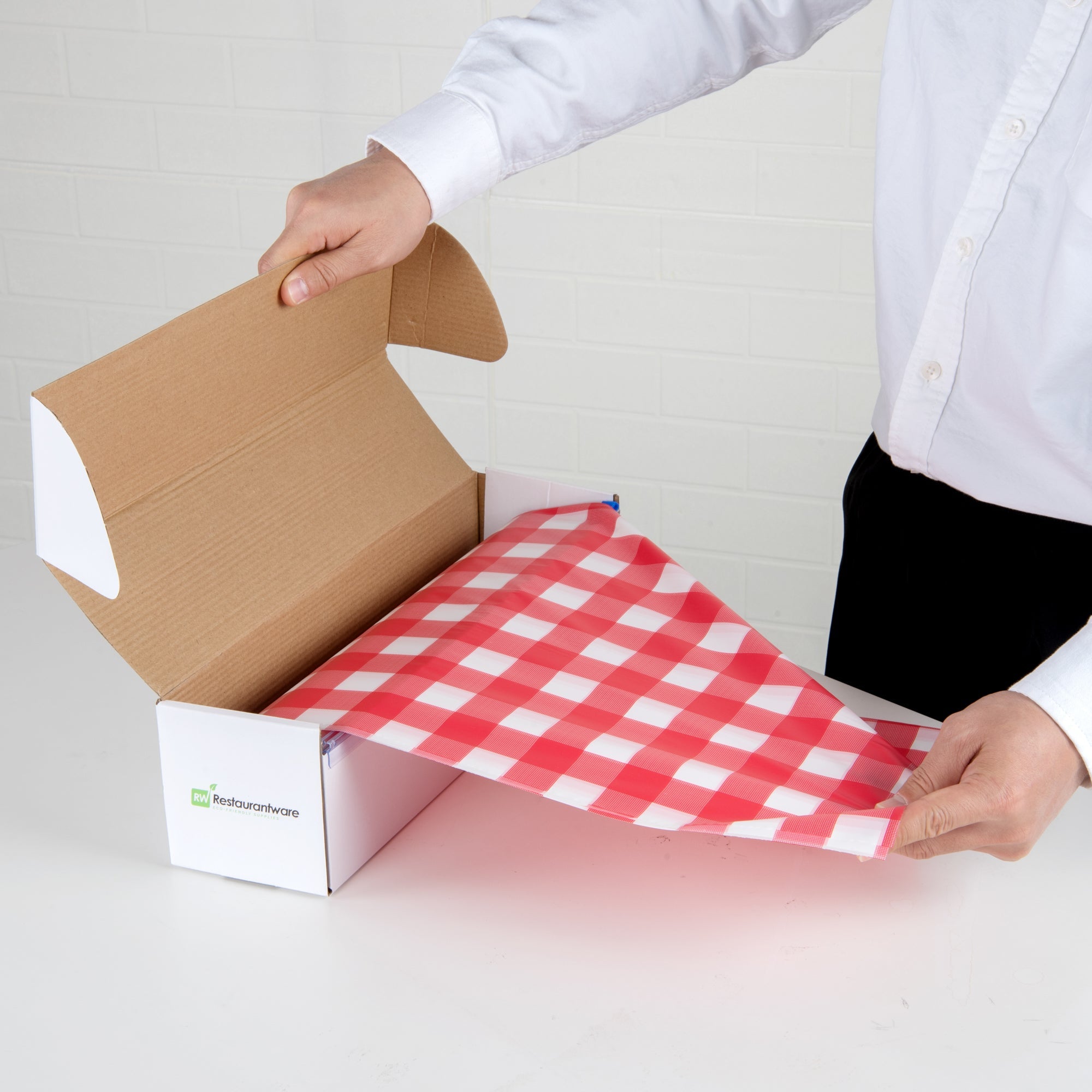 Table Tek Red Gingham Plastic Table Cover Roll - with Slide Cutter - 100' x 54" - 10 count box