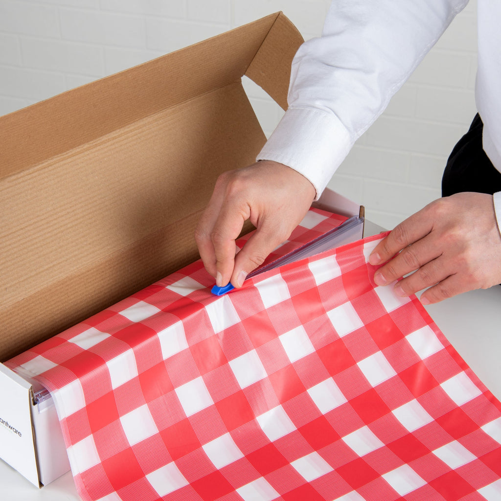 Table Tek Red Gingham Plastic Table Cover Roll - with Slide Cutter - 100' x 54" - 10 count box