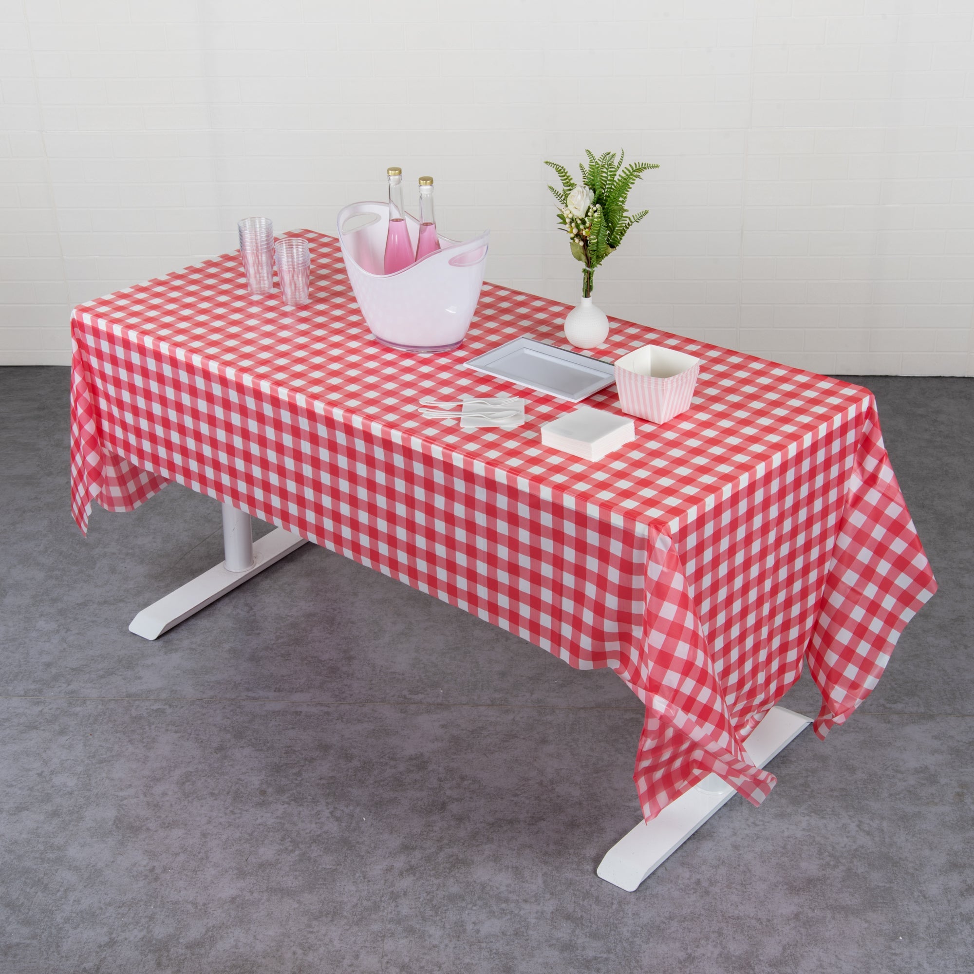Table Tek Red Gingham Plastic Table Cover Roll - with Slide Cutter - 100' x 54" - 10 count box