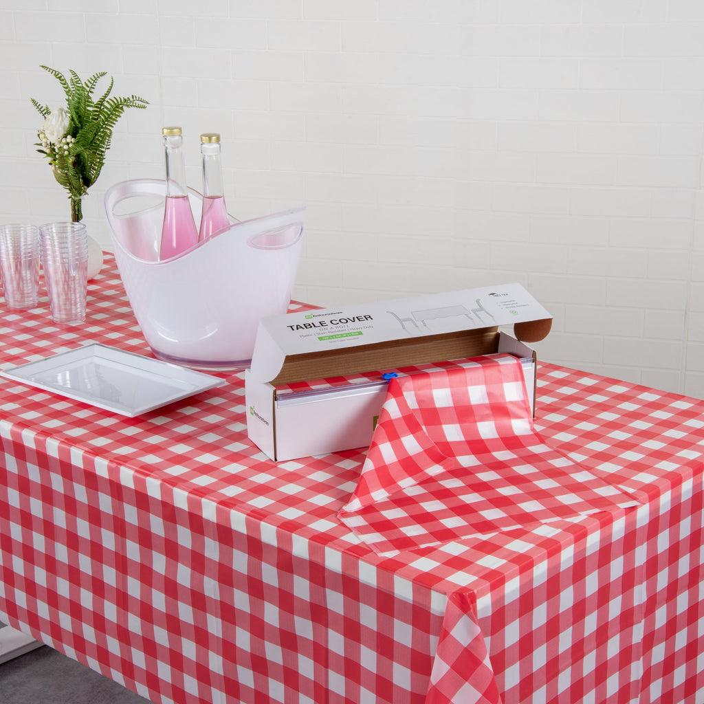 Table Tek Red Gingham Plastic Table Cover Roll - with Slide Cutter - 100' x 54" - 10 count box
