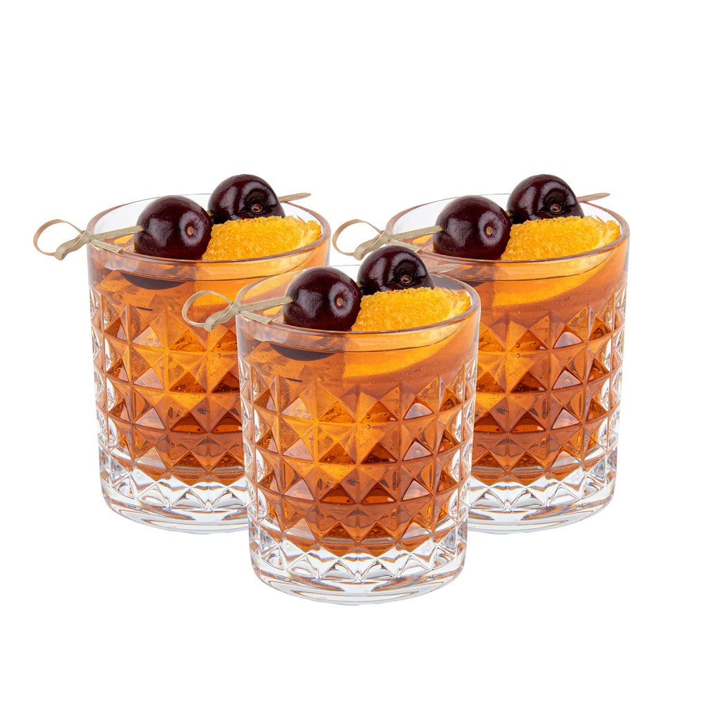 Bev Tek 9 oz Polycarbonate Old Fashioned Glass - Cut Crystal Design - 3 1/4" x 3 1/4" x 3 3/4" - 6 count box