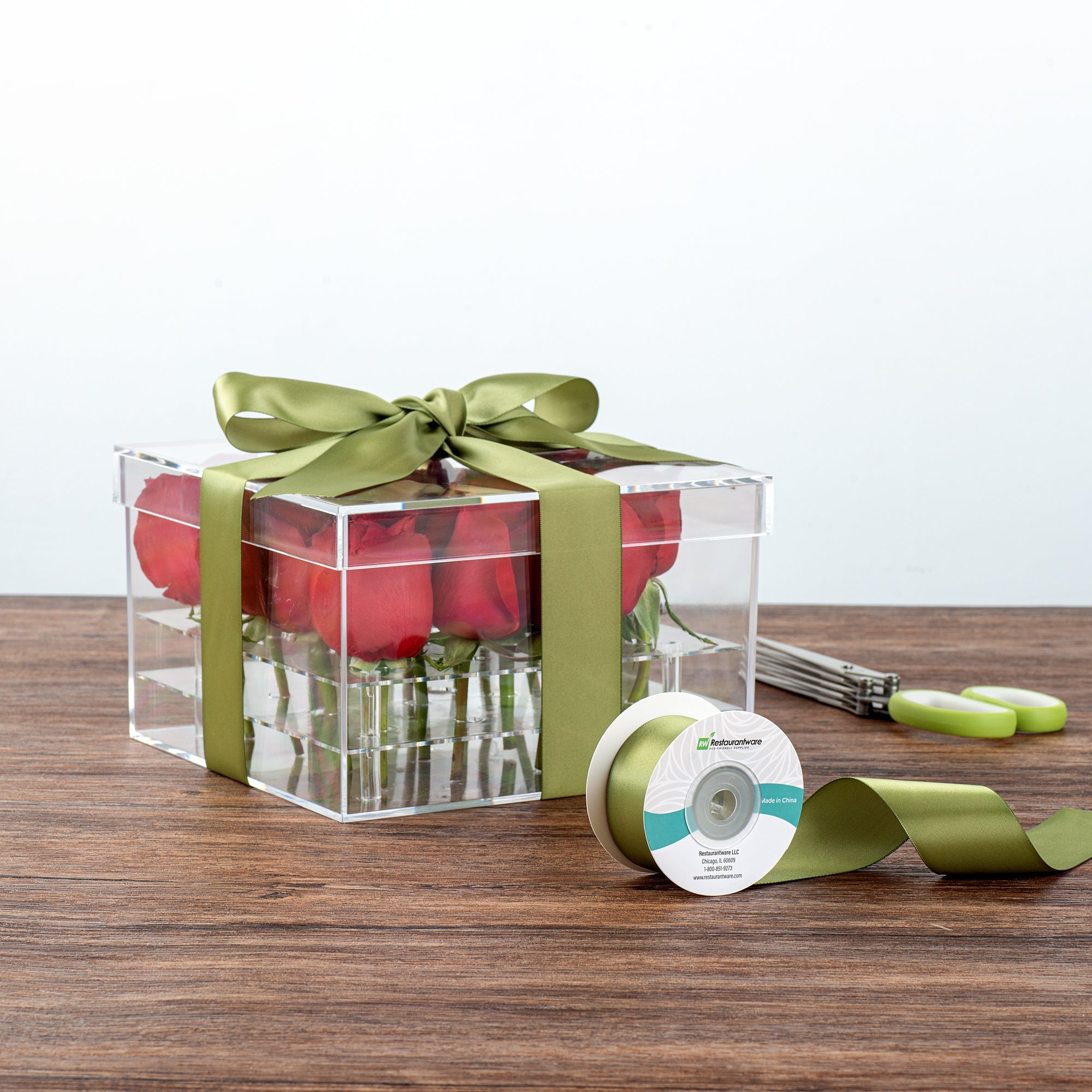 Gift Tek Spring Moss Green Polyester Satin Ribbon - Single Face - 1 1/2" x 10 yds - 1 count box