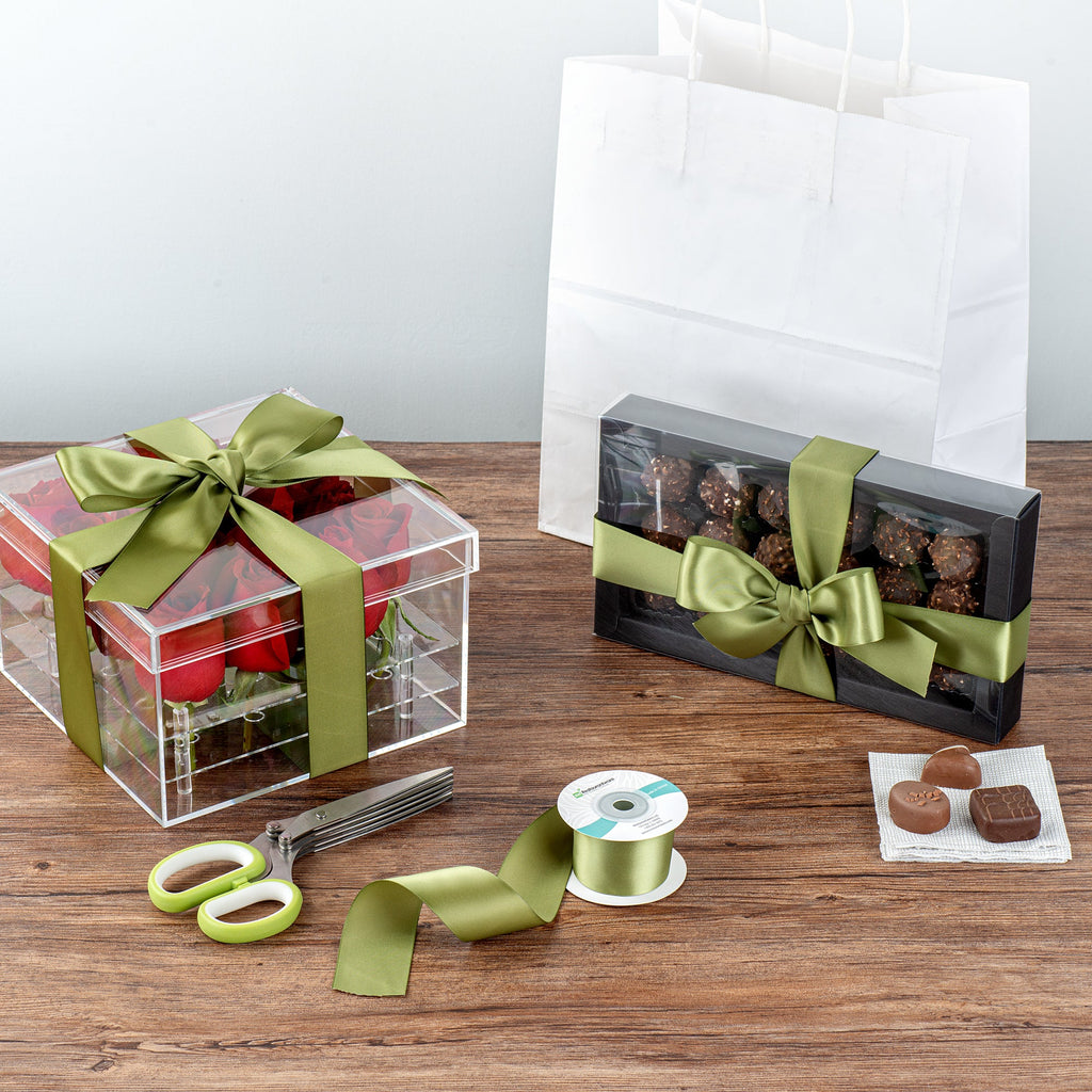Gift Tek Spring Moss Green Polyester Satin Ribbon - Single Face - 1 1/2" x 10 yds - 1 count box