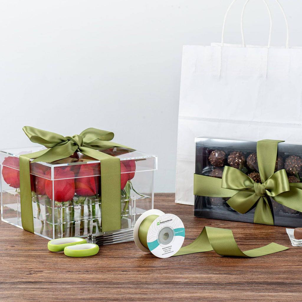 Gift Tek Spring Moss Green Polyester Satin Ribbon - Single Face - 1 1/2" x 10 yds - 10 count box