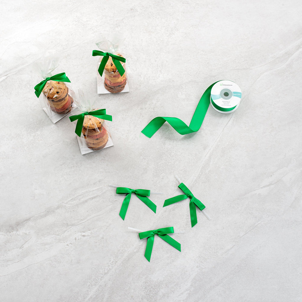 Gift Tek Emerald Green Polyester Satin Twist Tie Bow - Pre-Tied - 3" x 2 1/2" - 100 count box