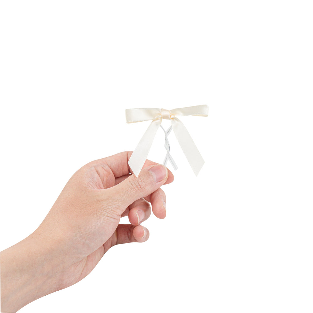 Gift Tek Ivory White Polyester Satin Twist Tie Bow - Pre-Tied - 3" x 2 1/2" - 100 count box